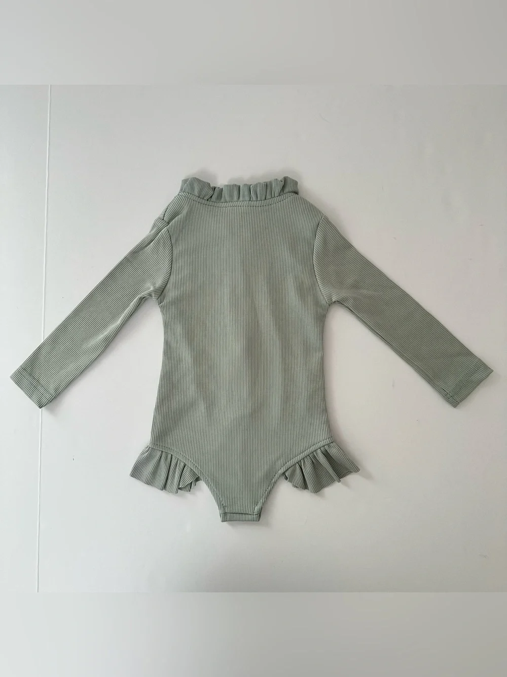 NWOT Baby Girl Long-Sleeve Sage Green Ruffle Swim Rashguard One-Piece